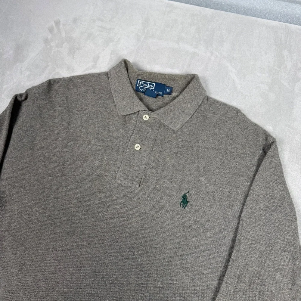 90s Mens Polo Ralph Lauren Long Sleeve Pique Polo Shirt Grey M